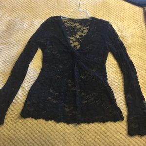 Black V neck, knot front lace long sleeve top